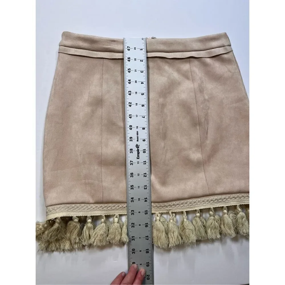 Showpo Dream Life Faux Suede Tassel Mini Skirt Beige Size AUS 12 USA Size 8